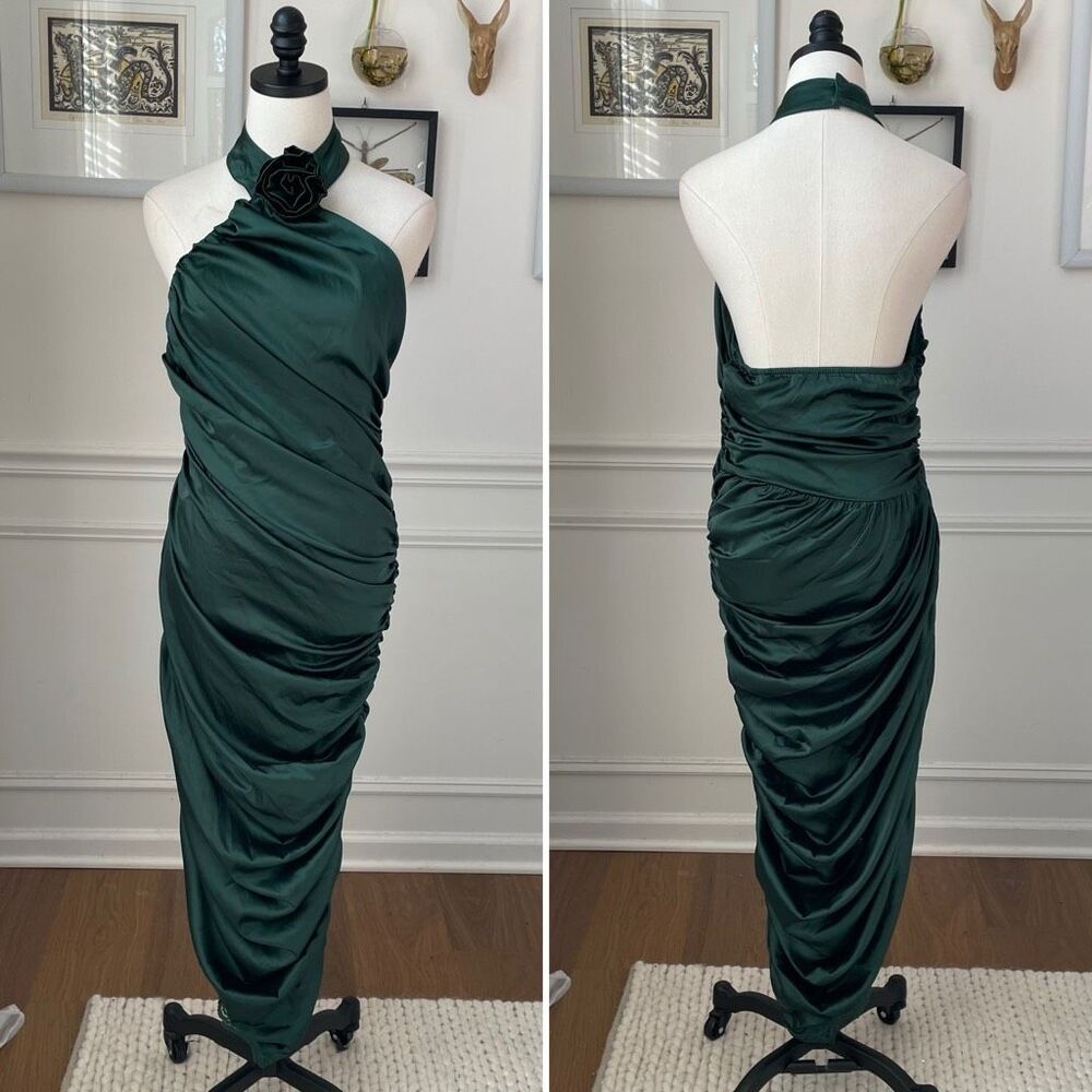 Fashion Nova When In Rome Rosette Satin Midi Dress Hunter Green L
